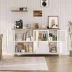 Buffet de rangement de style ferme de 55 po avec 4 portes vitrées, étagères, organiseur de cuisine et salle à manger mince, blanc