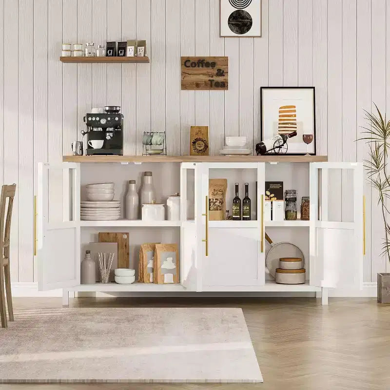 Buffet de rangement de style ferme de 55 po avec 4 portes vitrées, étagères, organiseur de cuisine et salle à manger mince, blanc