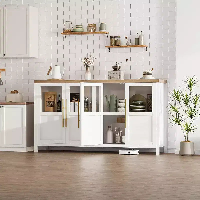 Buffet de rangement de style ferme de 55 po avec 4 portes vitrées, étagères, organiseur de cuisine et salle à manger mince, blanc