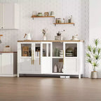 Buffet de rangement de style ferme de 55 po avec 4 portes vitrées, étagères, organiseur de cuisine et salle à manger mince, blanc