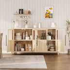 Buffet de rangement de style ferme de 55 po avec 4 portes vitrées, étagères, organiseur de cuisine et salle à manger mince, blanc