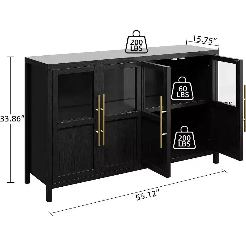 Buffet de rangement de style ferme de 55 po avec 4 portes vitrées, étagères, organiseur de cuisine et salle à manger mince, blanc