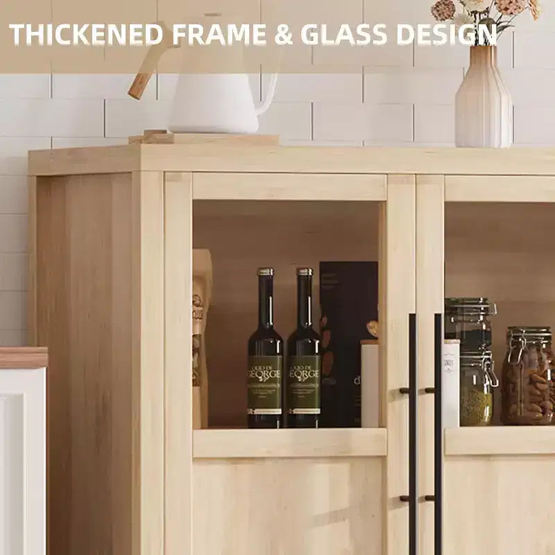 Buffet de rangement de style ferme de 55 po avec 4 portes vitrées, étagères, organiseur de cuisine et salle à manger mince, blanc