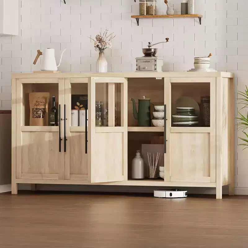 Buffet de rangement de style ferme de 55 po avec 4 portes vitrées, étagères, organiseur de cuisine et salle à manger mince, blanc