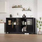 Buffet de rangement de style ferme de 55 po avec 4 portes vitrées, étagères, organiseur de cuisine et salle à manger mince, blanc