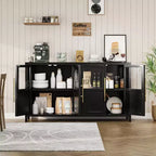 Buffet de rangement de style ferme de 55 po avec 4 portes vitrées, étagères, organiseur de cuisine et salle à manger mince, blanc