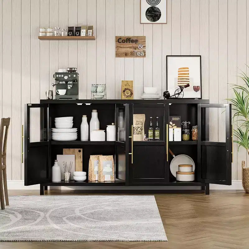 Buffet de rangement de style ferme de 55 po avec 4 portes vitrées, étagères, organiseur de cuisine et salle à manger mince, blanc