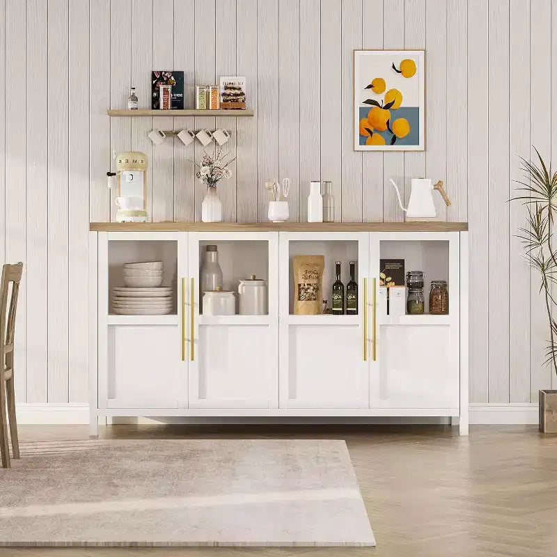 Buffet de rangement de style ferme de 55 po avec 4 portes vitrées, étagères, organiseur de cuisine et salle à manger mince, blanc