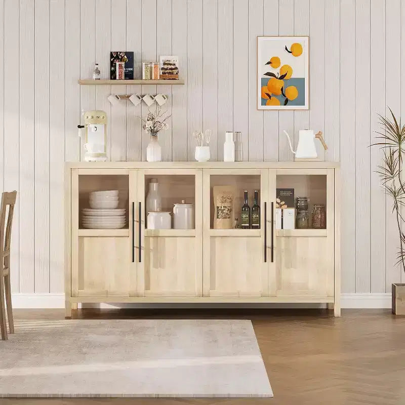 Buffet de rangement de style ferme de 55 po avec 4 portes vitrées, étagères, organiseur de cuisine et salle à manger mince, blanc