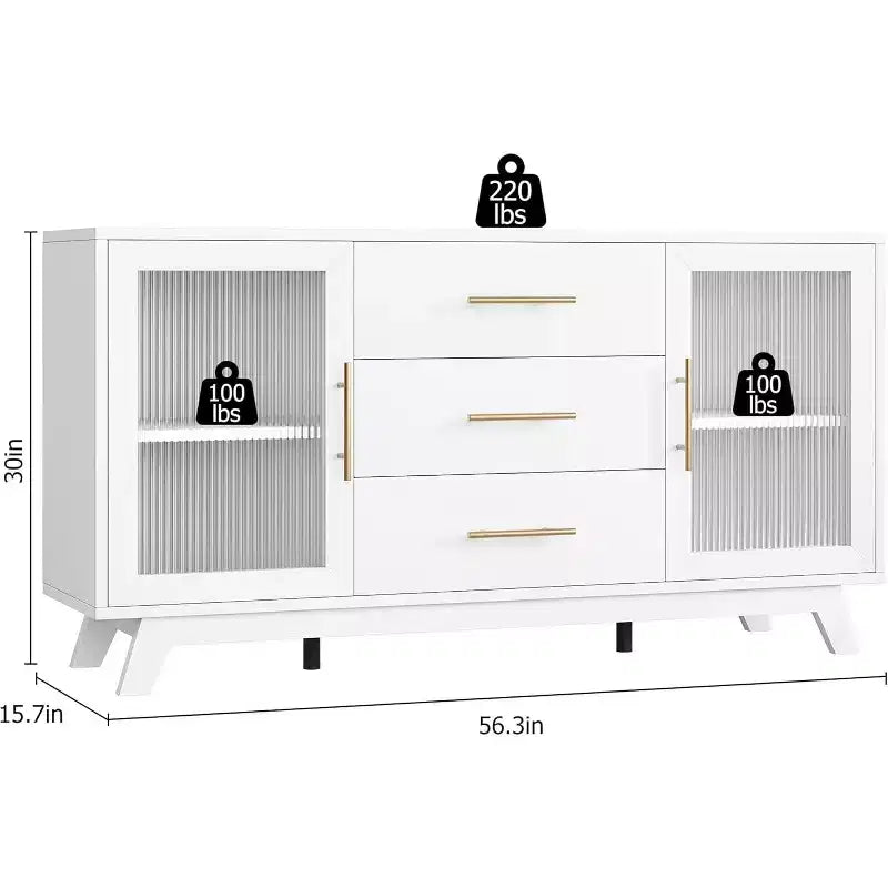 Meuble de bar avec 2 portes en verre cannelé, buffet moderne de 142 cm avec 3 tiroirs, blanc