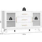 Meuble de bar avec 2 portes en verre cannelé, buffet moderne de 142 cm avec 3 tiroirs, blanc