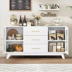 Meuble de bar avec 2 portes en verre cannelé, buffet moderne de 142 cm avec 3 tiroirs, blanc