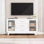 Meuble de bar avec 2 portes en verre cannelé, buffet moderne de 142 cm avec 3 tiroirs, blanc