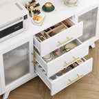 Meuble de bar avec 2 portes en verre cannelé, buffet moderne de 142 cm avec 3 tiroirs, blanc