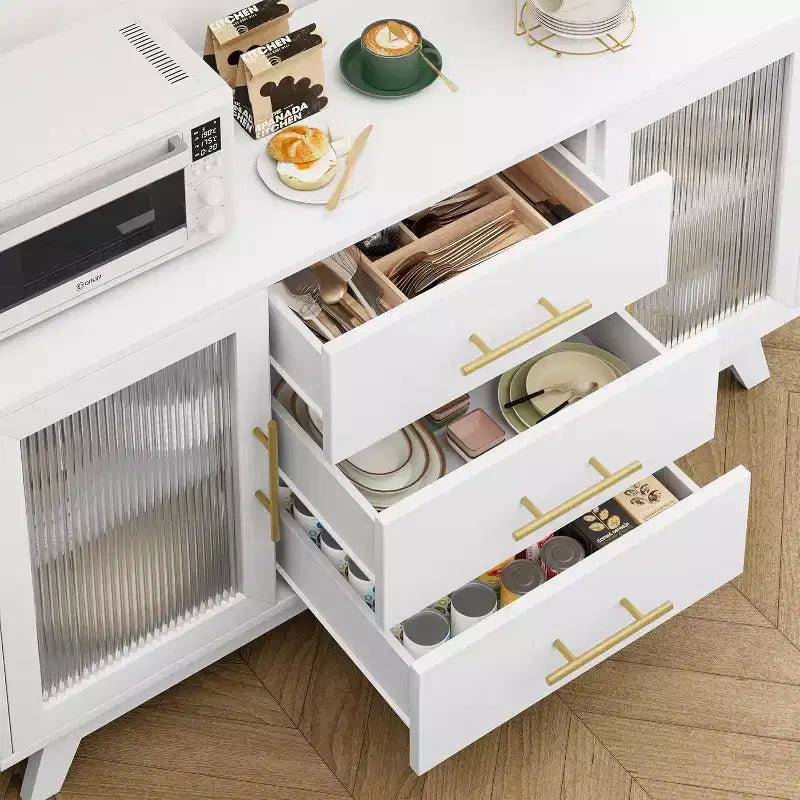 Bar Cabinet with 2 Fluted Glass Doors, 56" Modern Sideboard Buffet with 3 Drawers, White