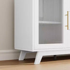 Meuble de bar avec 2 portes en verre cannelé, buffet moderne de 142 cm avec 3 tiroirs, blanc