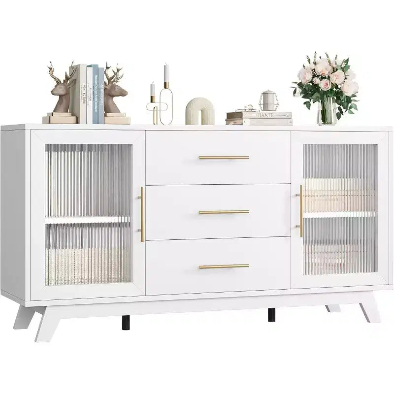 Meuble de bar avec 2 portes en verre cannelé, buffet moderne de 142 cm avec 3 tiroirs, blanc