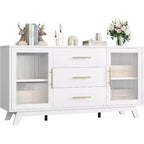 Meuble de bar avec 2 portes en verre cannelé, buffet moderne de 142 cm avec 3 tiroirs, blanc