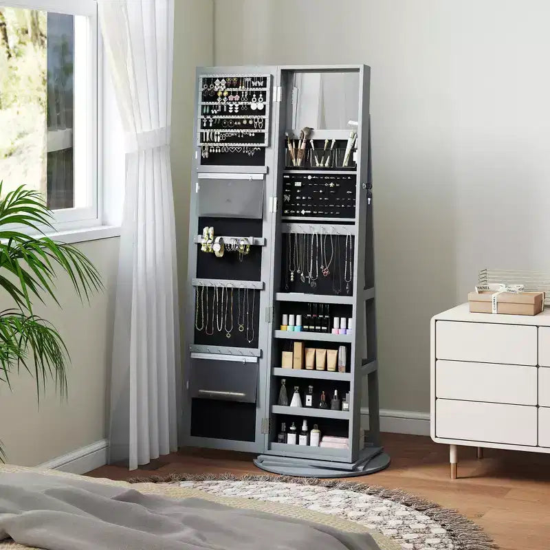 Meuble à bijoux pivotant à 360° avec miroir pleine longueur, étagères de rangement et petit miroir intérieur pour chambre à coucher et salon