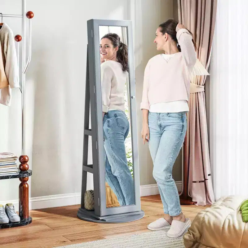 Meuble à bijoux pivotant à 360° avec miroir pleine longueur, étagères de rangement et petit miroir intérieur pour chambre à coucher et salon