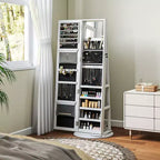 Meuble à bijoux pivotant à 360° avec miroir pleine longueur, étagères de rangement et petit miroir intérieur pour chambre à coucher et salon