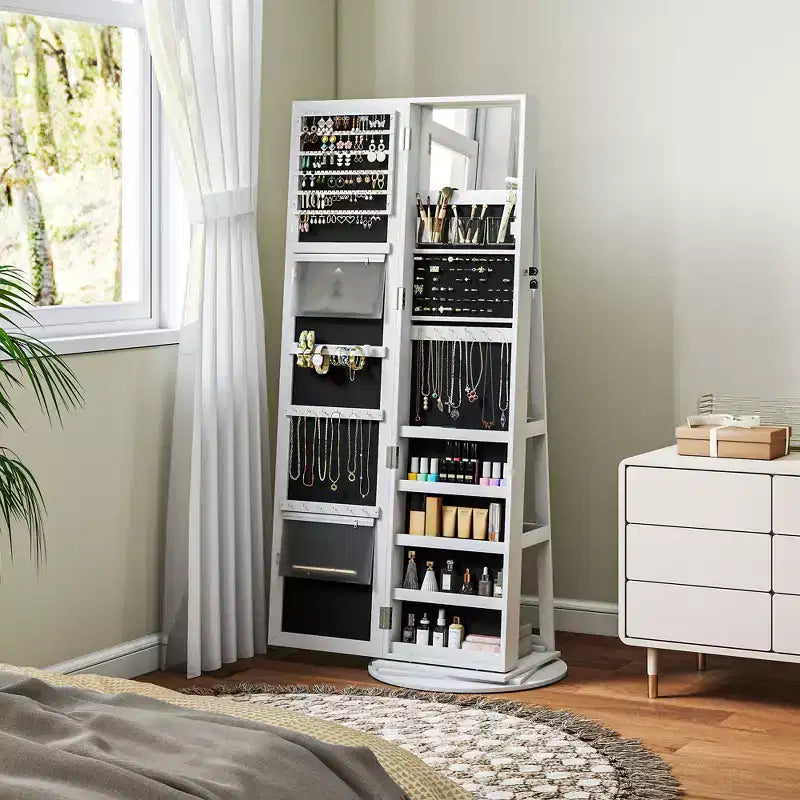 Meuble à bijoux pivotant à 360° avec miroir pleine longueur, étagères de rangement et petit miroir intérieur pour chambre à coucher et salon