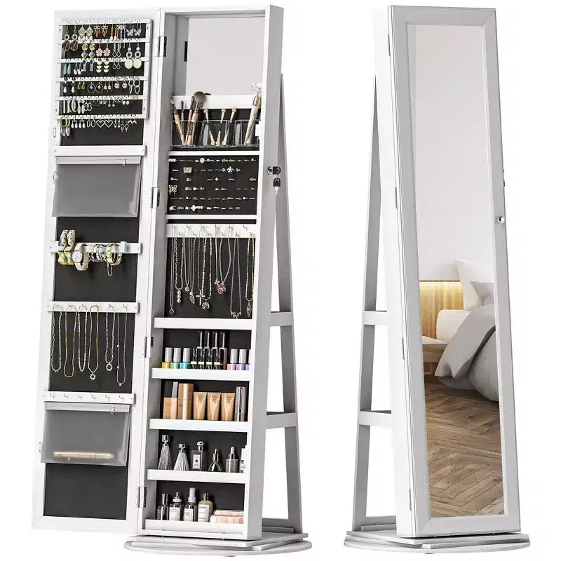 Meuble à bijoux pivotant à 360° avec miroir pleine longueur, étagères de rangement et petit miroir intérieur pour chambre à coucher et salon