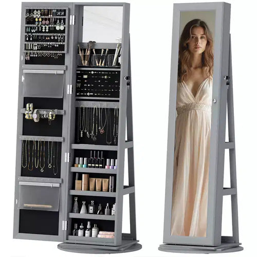 HOMCOM Jewelry Cabinet, 360 Swivel Jewelry Armoire with Full-Length Mirror, Storage Shelves, Interior Small Mirror, for Bedroom Living Room