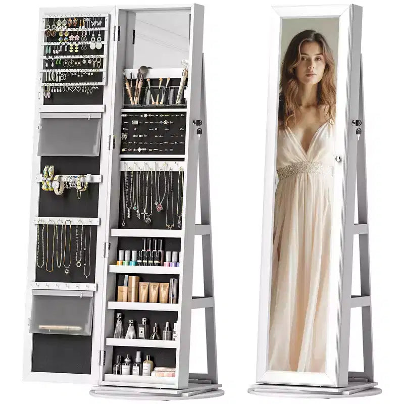 Meuble à bijoux pivotant à 360° avec miroir pleine longueur, étagères de rangement et petit miroir intérieur pour chambre à coucher et salon