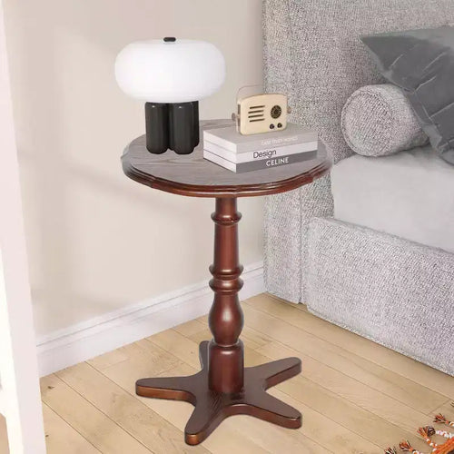 15.75" Round Coffee Table, Wooden Pedestal Side Table, Vintage Accent Nightstand for Living Room, Brown
