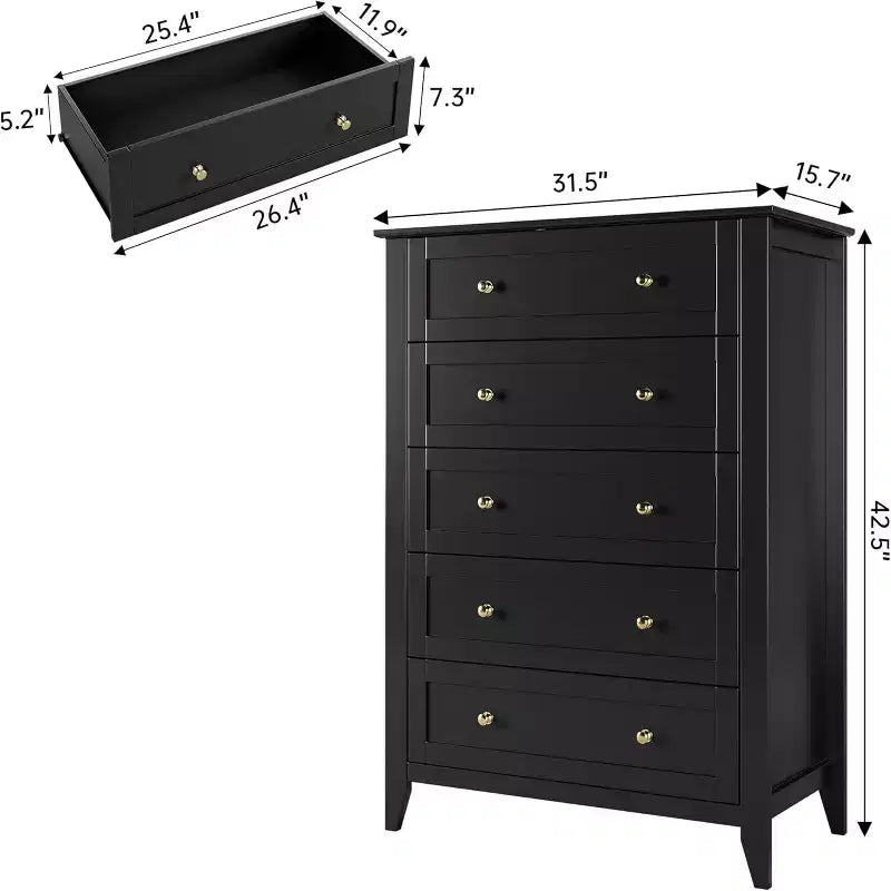 Commode en bois à cinq tiroirs profonds avec poignées métalliques