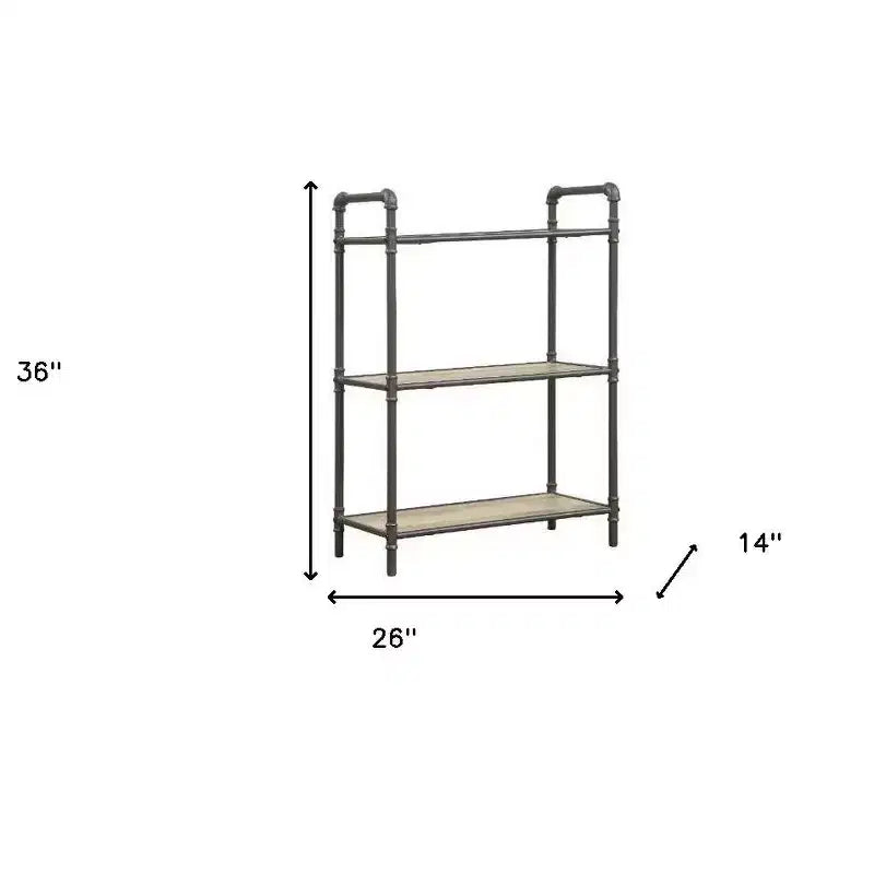 Bibliothèque standard à trois niveaux en chêne antique et métal gris sable, 91 cm