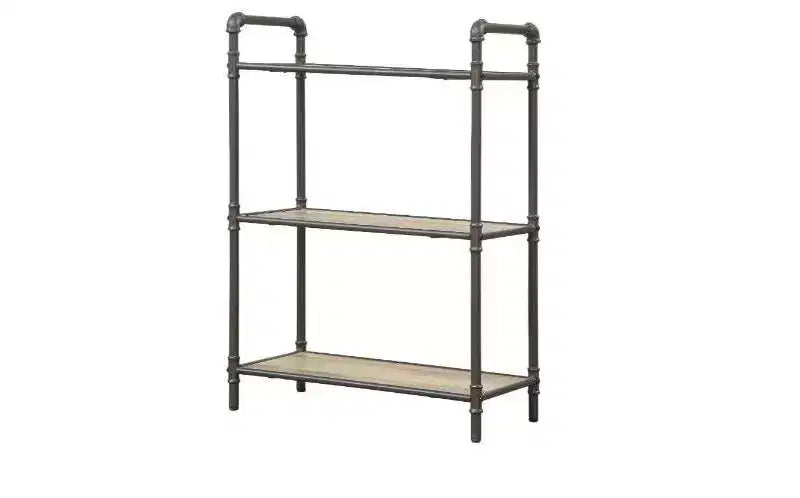 Bibliothèque standard à trois niveaux en chêne antique et métal gris sable, 91 cm