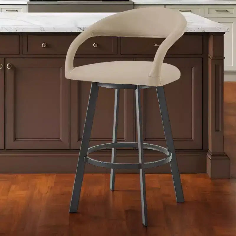 Chaise de bar pivotante en similicuir beige et noir de 26 po à dossier bas, hauteur comptoir