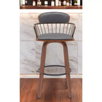 Tabouret de bar pivotant à dossier bas en similicuir gris et bois marron, hauteur bar, 30 po