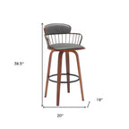 Tabouret de bar pivotant à dossier bas en similicuir gris et bois marron, hauteur bar, 30 po