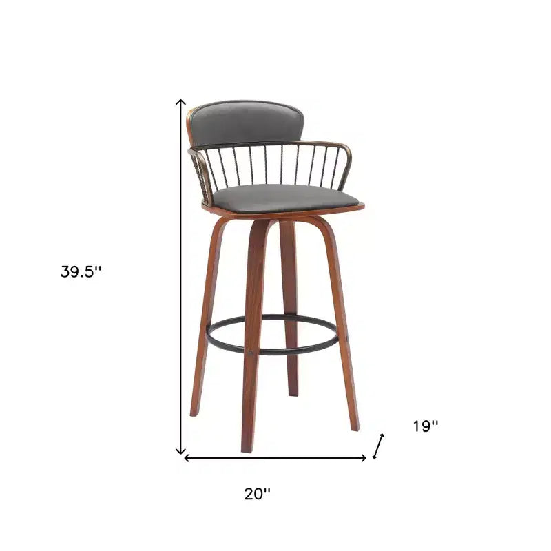 Tabouret de bar pivotant à dossier bas en similicuir gris et bois marron, hauteur bar, 30 po