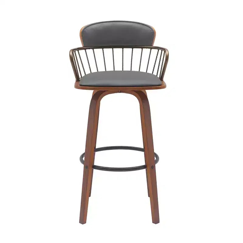 Tabouret de bar pivotant à dossier bas en similicuir gris et bois marron, hauteur bar, 30 po
