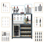 Meuble Bar à Vin Industriel Gris à 3 Niveaux (12+ Bouteilles) 91,4 cm H x 61 cm L x 38,1 cm P, Casier Détachable, 9 Supports à Verres et Étagères Réglables pour Maison/Bar