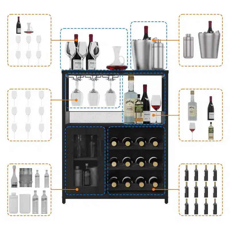 Meuble Bar à Vin Industriel Gris à 3 Niveaux (12+ Bouteilles) 91,4 cm H x 61 cm L x 38,1 cm P, Casier Détachable, 9 Supports à Verres et Étagères Réglables pour Maison/Bar