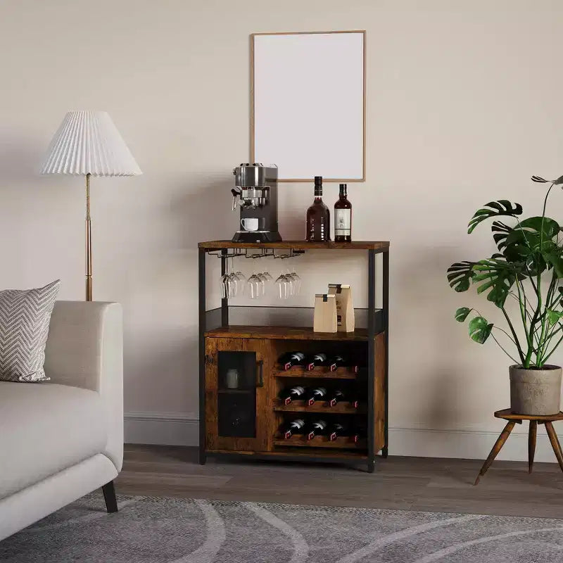 Meuble Bar à Vin Industriel Gris à 3 Niveaux (12+ Bouteilles) 91,4 cm H x 61 cm L x 38,1 cm P, Casier Détachable, 9 Supports à Verres et Étagères Réglables pour Maison/Bar
