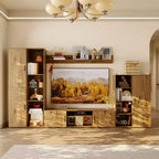 Famapy Large Oak Media TV Stand Wall Cabinet System for Living Room with Bookshelves and TV Storage Entertainment Center