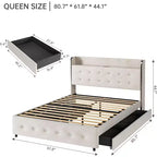 Cadre de lit Queen avec 4 tiroirs de rangement, cadre de lit plateforme en velours, support à lattes en bois, pas besoin de sommier, support de 450 kg, beige