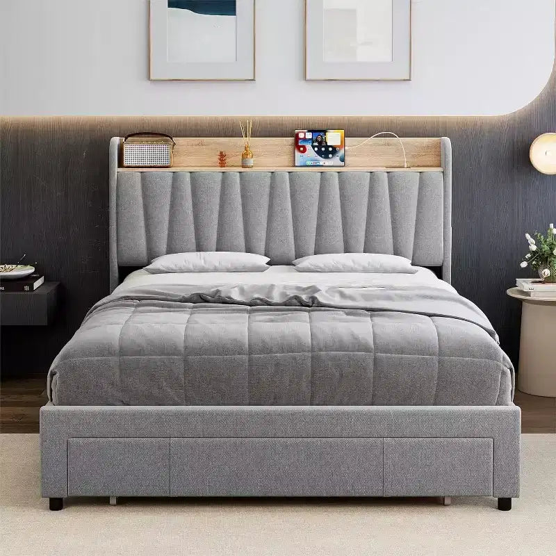 Cadre de lit rembourré avec tête de lit de rangement (taille double/grand lit)
