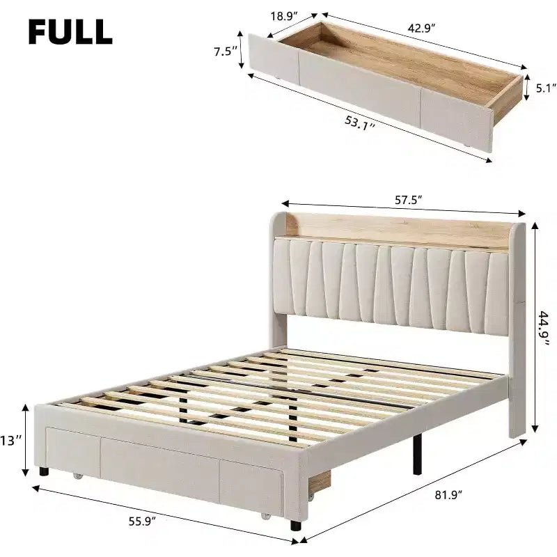 Cadre de lit rembourré avec tête de lit de rangement (taille double/grand lit)