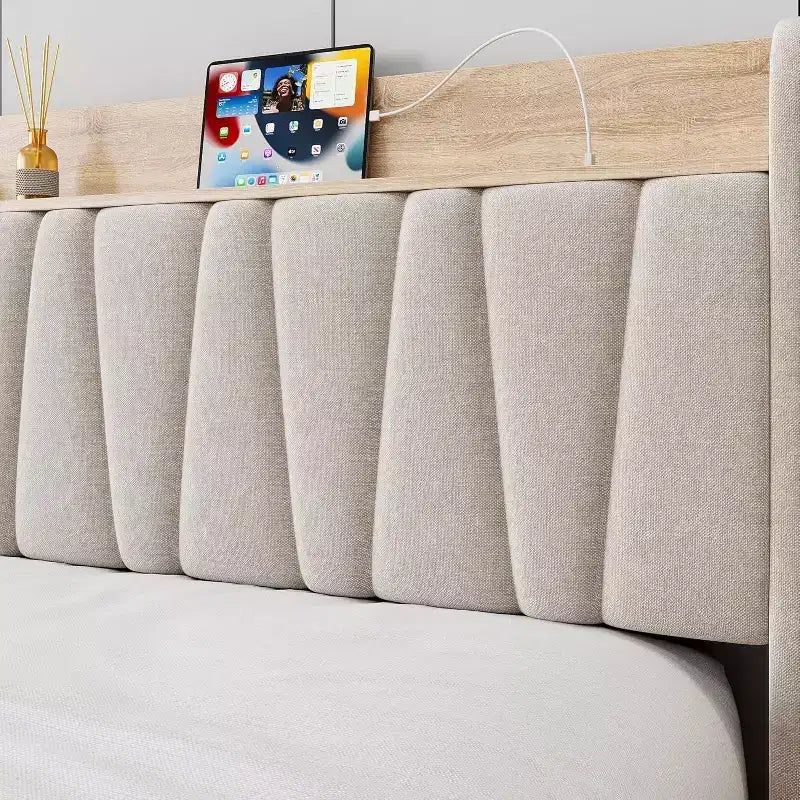 Cadre de lit rembourré avec tête de lit de rangement (taille double/grand lit)