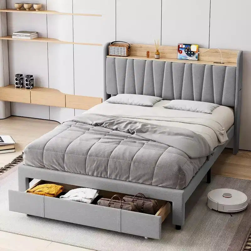 Cadre de lit rembourré avec tête de lit de rangement (taille double/grand lit)