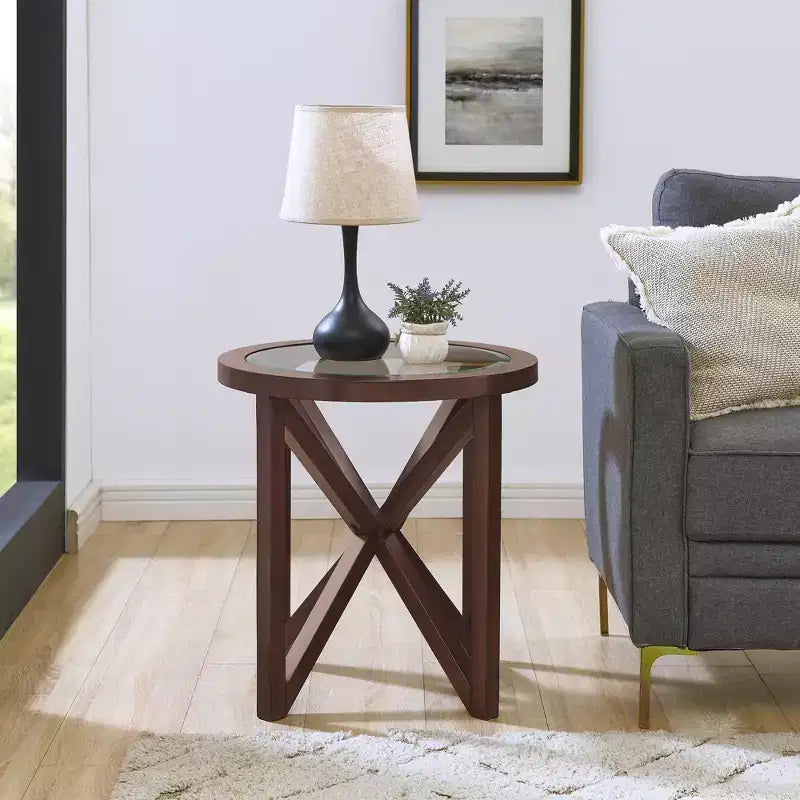 Table basse en verre, Ovale/Ronde - Plateau en verre trempé avec base en bois