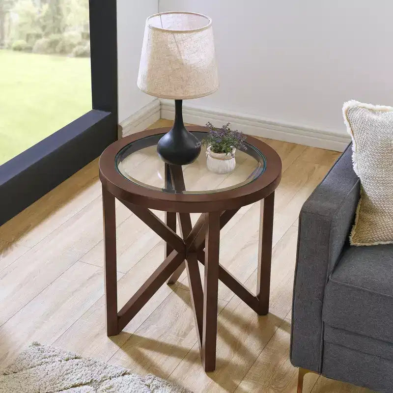 Table basse en verre, Ovale/Ronde - Plateau en verre trempé avec base en bois