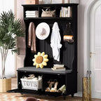 Banc d'entrée de 119 cm de large, portemanteau 4-en-1 avec rangement, 4 crochets et coussin, organisateur de chaussures peu encombrant pour buanderie, noir
